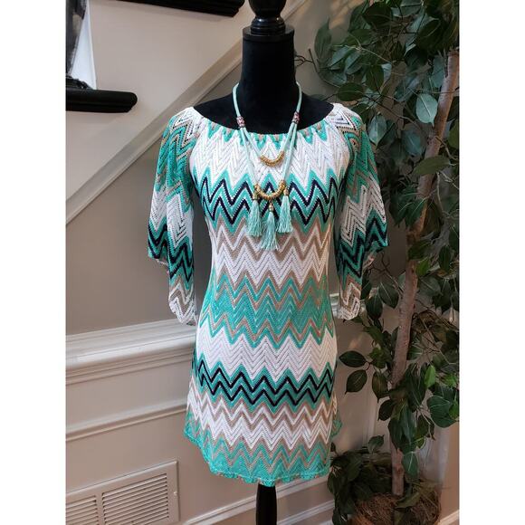 Tacera Mini Dress Women's Small Multi Chevron Print Lace Long Sleeve Round Neck - Picture 1 of 14